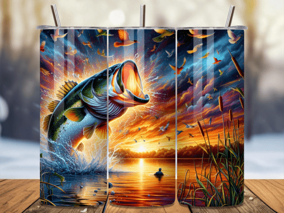 Download Jumping Bass Sunset Lake Tumbler Wrap - Tumbler Collection