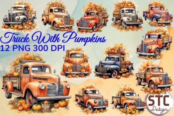 Download Vintage Red Truck Pumpkins Watercolor - Vintage red truck Collection