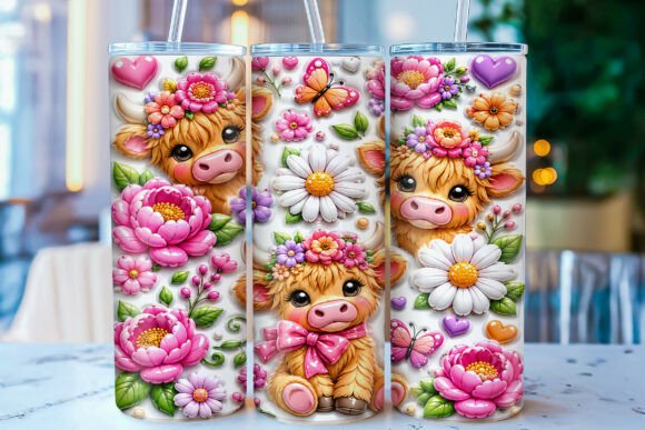 Download Inflated Floral Highland Cow Tumbler PNG - Tumbler Collection