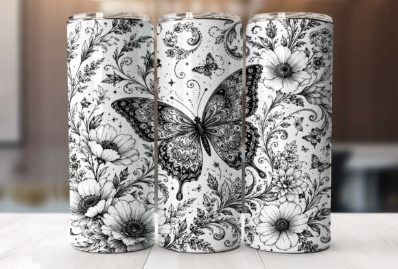 Download Black White Butterfly Floral Tumbler PNG - Tumbler Collection