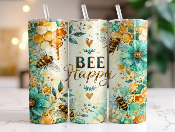 Download Bee Happy Floral 20oz Tumbler Wraps PNG - Tumbler Collection